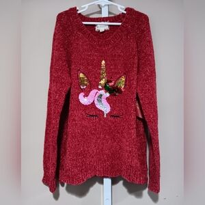Btween Girls (Size 12) Red Sweater with Holiday Unicorn Sequins Design (NWT)